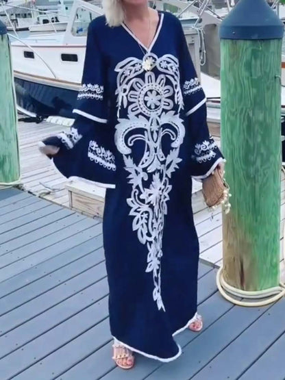 Embroidered V Neck Loose Maxi Dress