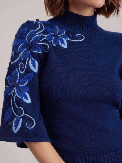 Blue Embroidered Knit Sweater