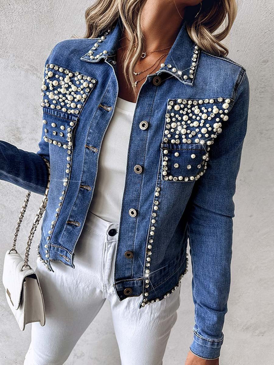 Rhinestone Pearl Decor Denim Jacket