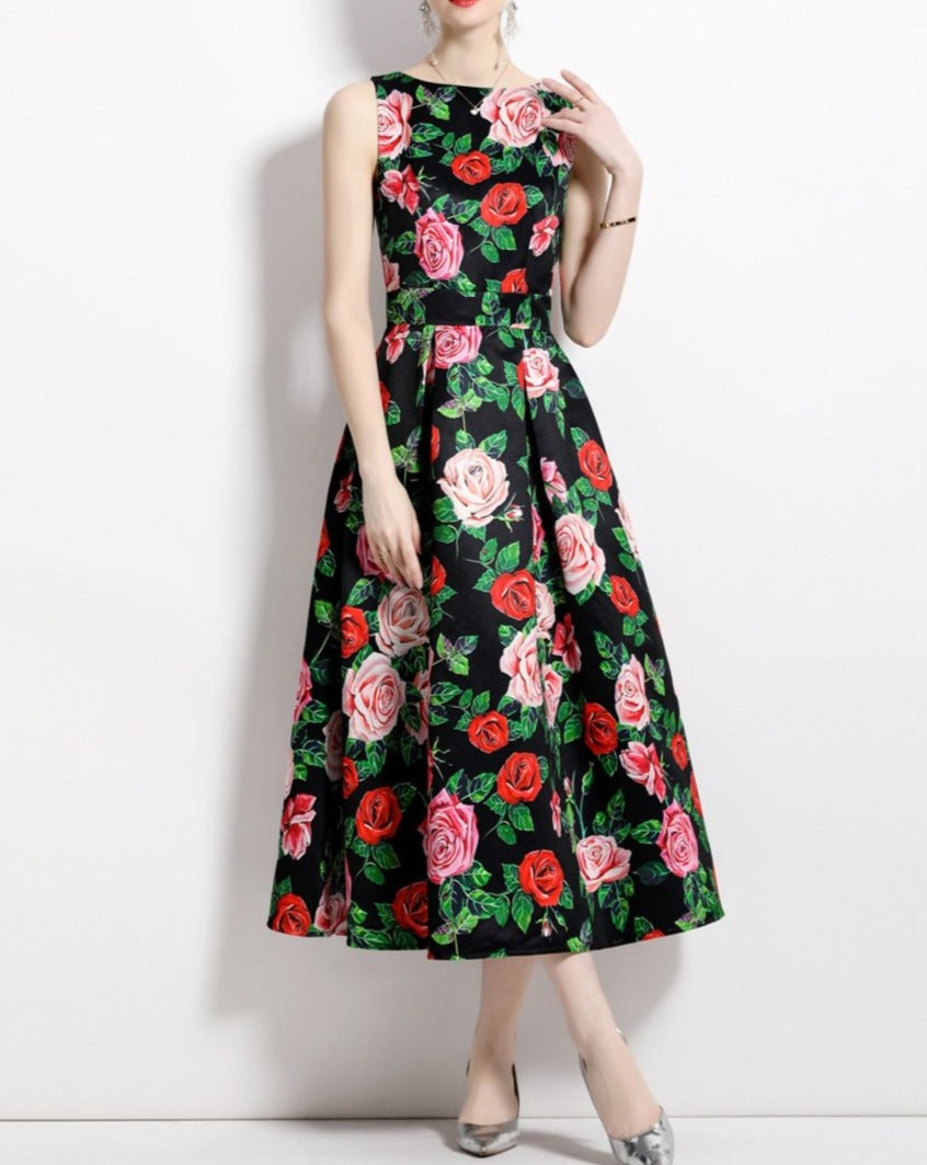 Rotes Kleid mit Blumen-Vintage-Print