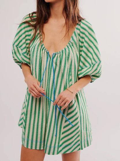 Striped Casual Loose Deep V Wide-leg Romper