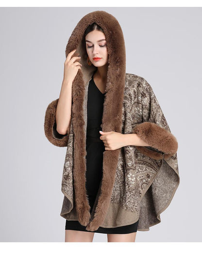 Fall/Winter Artificial Fur Hooded Shawl Coat