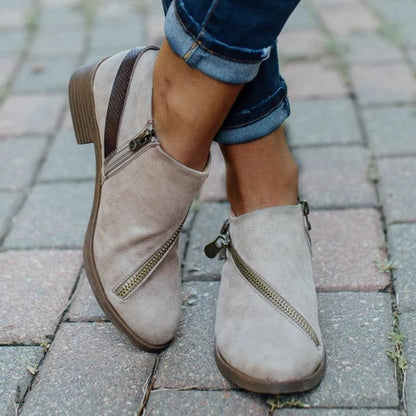 Lässige Retro-Stiefel für Damen mit runder Zehenpartie und niedrigem Absatz und Reißverschluss 