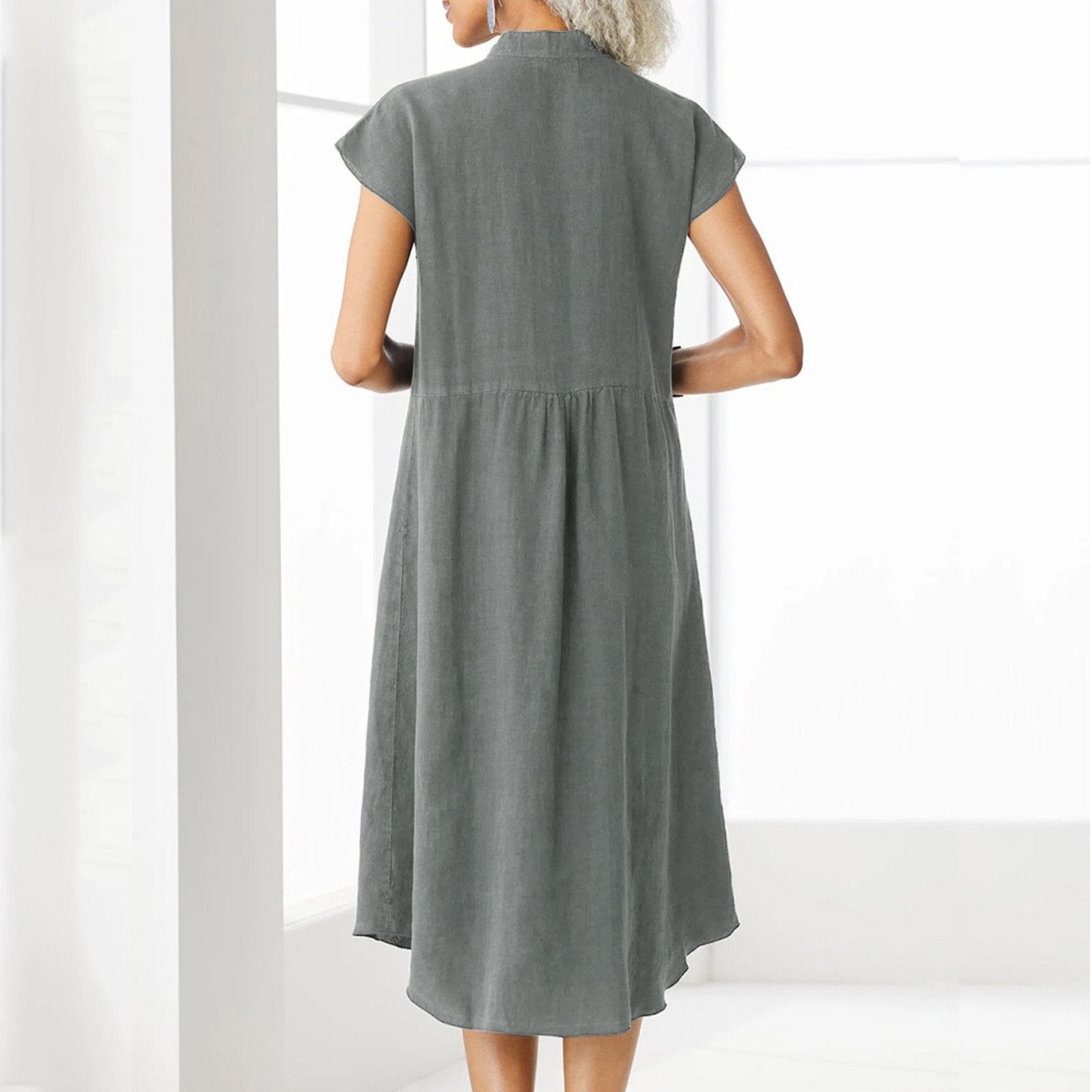 Women’s Button-down Cotton Linen Loose Dress with Pocket