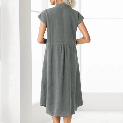 Women’s Button-down Cotton Linen Loose Dress with Pocket