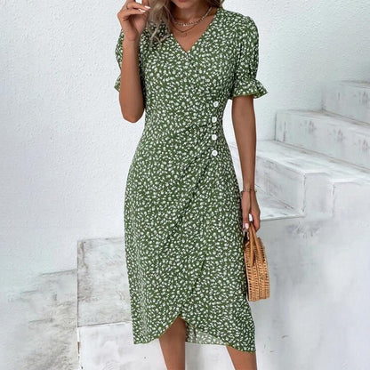 Short Sleeve Green Floral Print Button Front Midi Dress