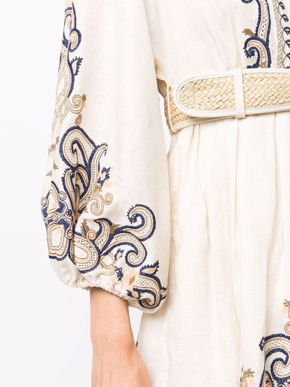 Embroidered Belted Dress