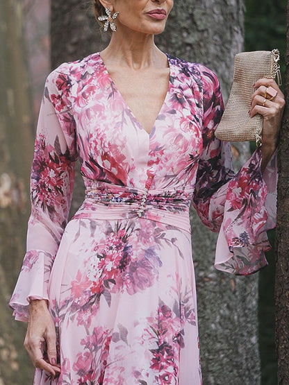 Elegante vestido estampado de flores de melocotón 