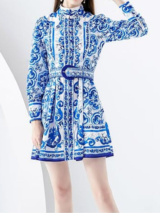 Floral Print Button Up Lantern Sleeve Dress In Blue