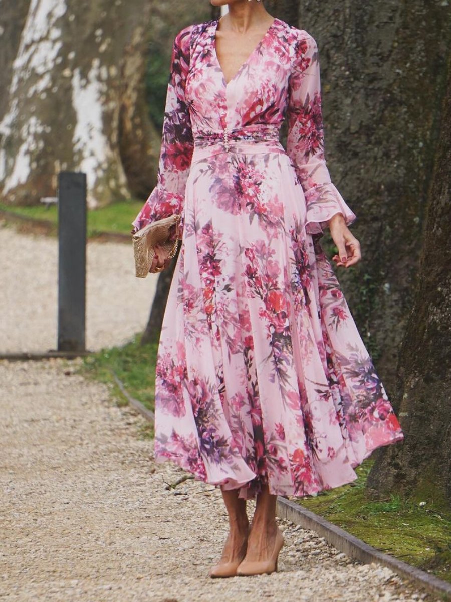 Elegante vestido estampado de flores de melocotón 